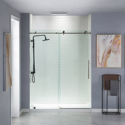56""-60"" W x 76"" H Single Sliding Frameless Shower Door with 3/8""(10mm) Explosion-Proof Clear Tempered Glass,  Stainless Steel Accessories -  WoodBridge, MBSDC6076