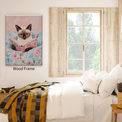 Funny Siamese Cat Reading Books Canvas Wall Art Pink Girly Room Posters Cute Animal Kids Prints Vintage Cat Lovers Wall Decor For Teen Bedroom Dorm Living Study Room 8X10in Framed