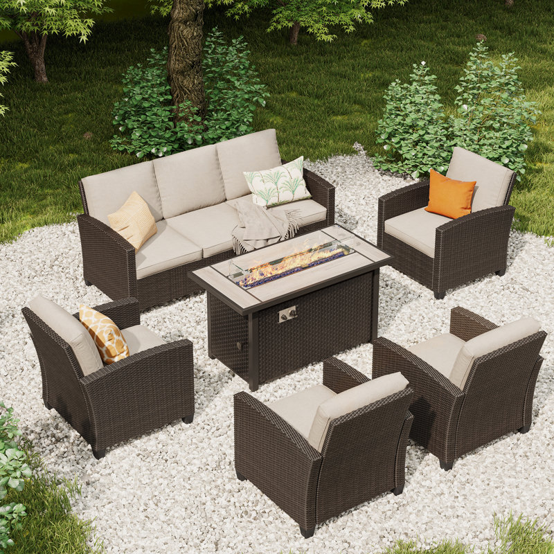 Ensemble de conversation pour patio en rotin 6 pièces avec foyer