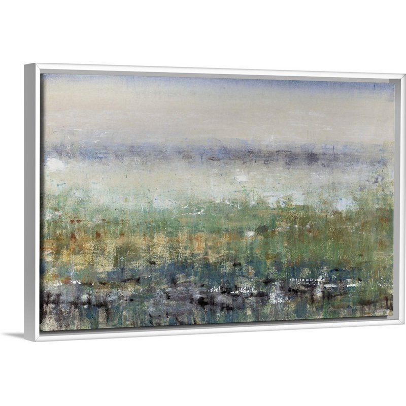«Mist in the Field», peinture sur toile, Cadre flottant blanc, H 21,7 po x l 31,7 po x p 1,75 po
