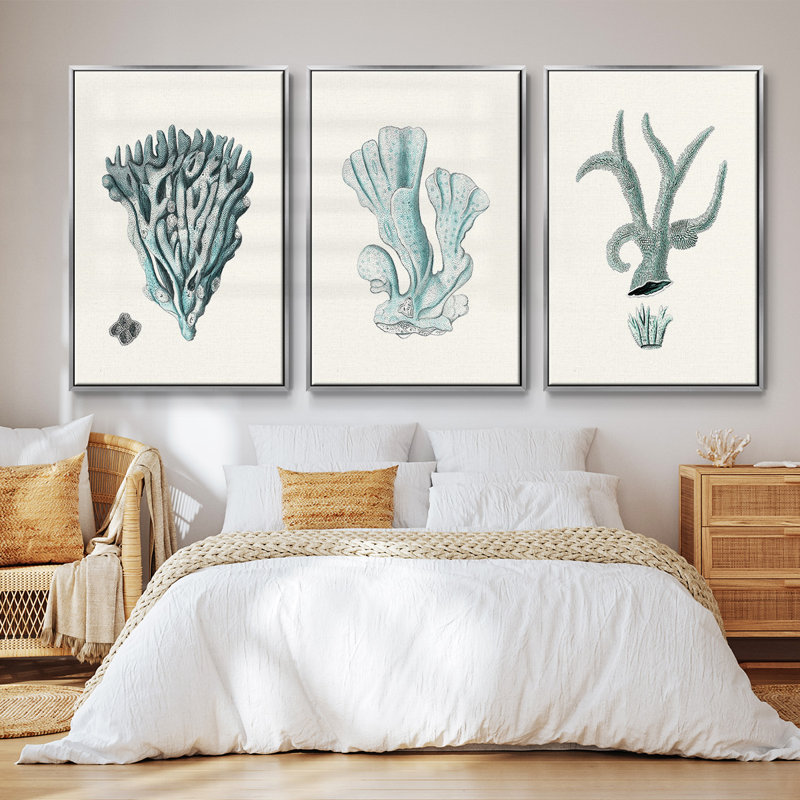 Ensemble de 3 pièces encadrées sur toile Antique Coastal Coral X, Argent, H 36 po x l 72 po