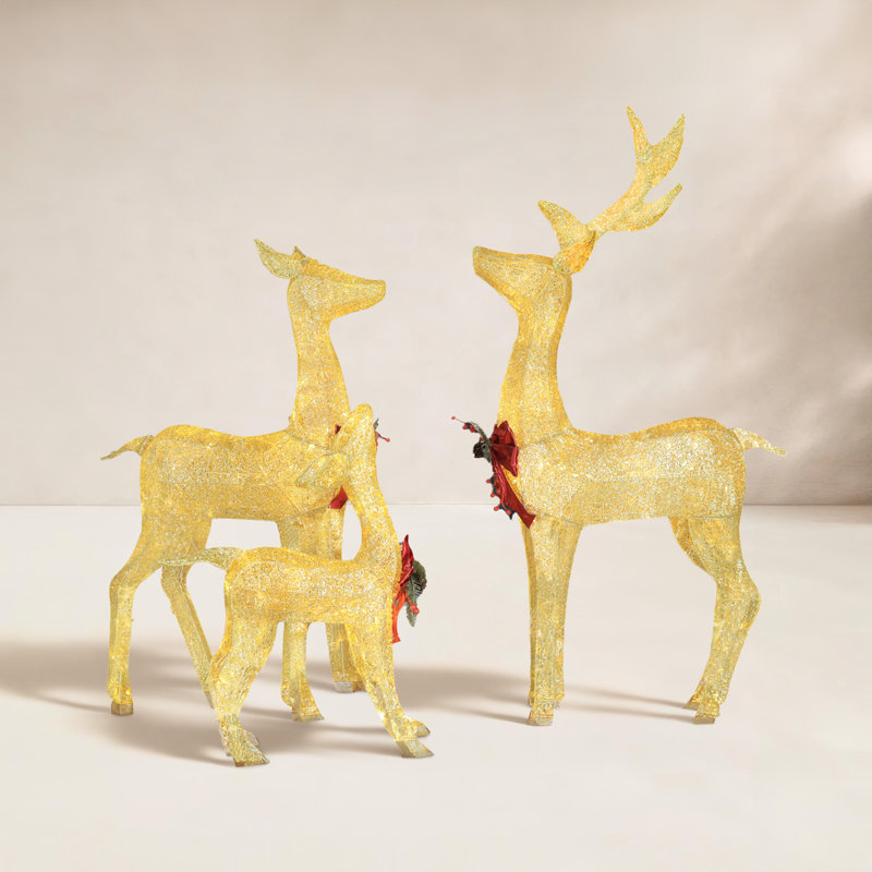 Ensemble de 3 présentoirs de cerf de Noël éclairés Gutierrez, Or / rouge