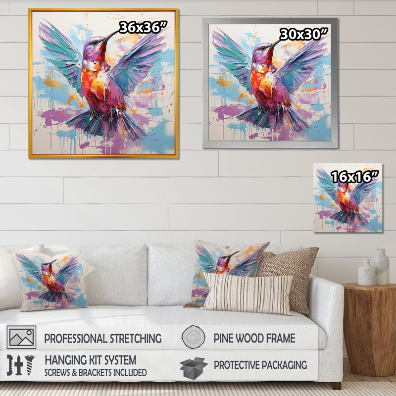 Bleu et mauve vibrant colibri - Art mural colibri, Toile tendue, H 16 po x l 16 po