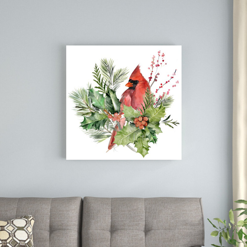 «Cardinal Holly Christmas I» par Jennifer Paxton Parker - reproduction d'art sur toile tendue, H 12 po x l 12 po