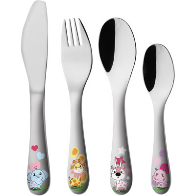 Childrens Cutlery 4Pcs Set Stainless Steel/Kids Cutlery/Toddler Utensils/Flatware - 1 X Fork, 1 X Safe Dinner Knife, 1 X Dinner Spoon, 1 X Dessert Spoon With Illustrations (WF712P)