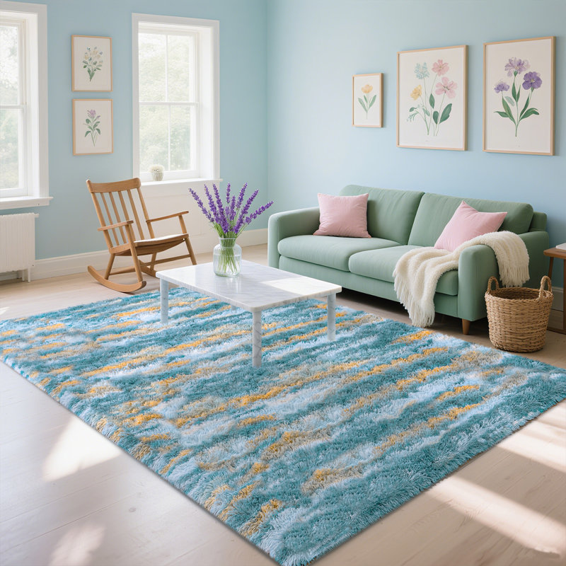 Blue Yellow Living Room Rugs, 5x7 Area Rug, Performance Rug with 4 Stickers, Soft Shaggy Decorative Rug For Bedroom, Ideal For High Traffic Areas Indoor, Modern Room Decor, Gift For Halloween, Christmas, Thanksgiving, Graduation Season
