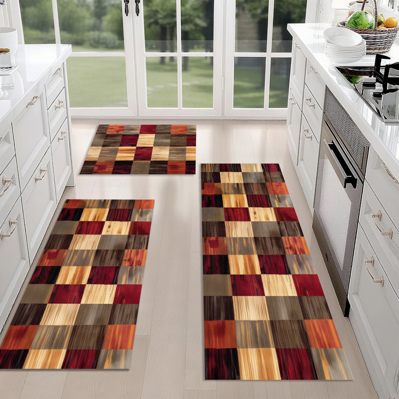 Machine Washable Non-SlipKitchen Mat(Set of 3), Gray/Red/Brown Plaid