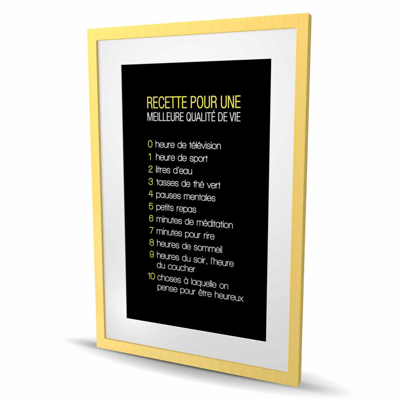 Recette du bonheur - Imprimé typo noir pour la décoration intérieure, H 36 po x l 24 po, Doré