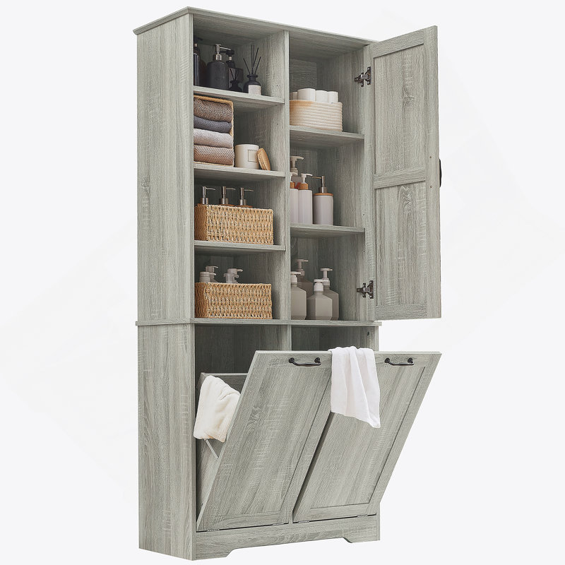 Armoire de rangement pour salle de bain avec tablette réglable, armoire autoportante avec panier à linge inclinable