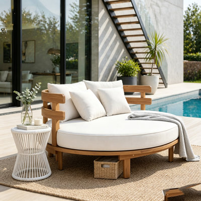 Outdoor Acacia Wood Round Daybed, Patio Lounger with Curved Slatted Backrest, Cushion and 4 Pillows