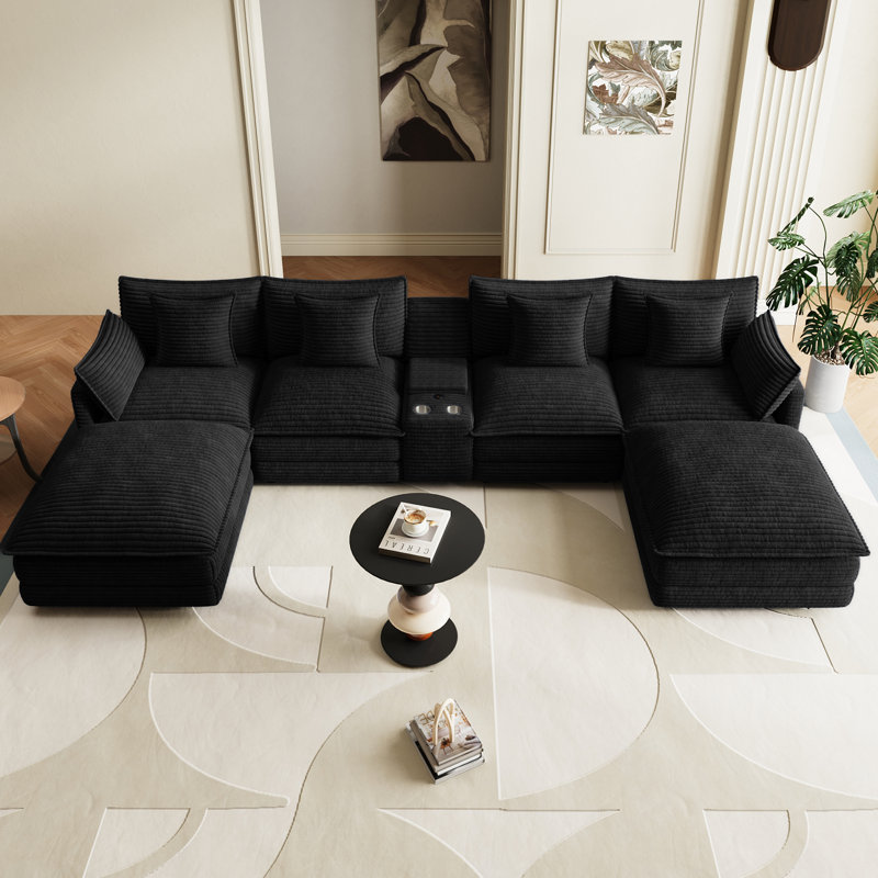 143"W U‑Shaped Sectional Sofa With Ottoman, Cup Holders & USB Ports, Corduroy Cloud Couch Sectional Couch, Black Corduroy
