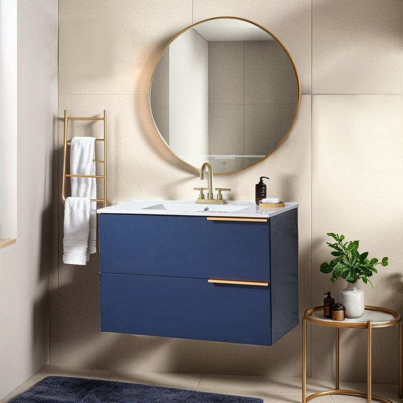 Ensemble de meuble-lavabo mural simple 36 po 2 tiroirs moderne bleu