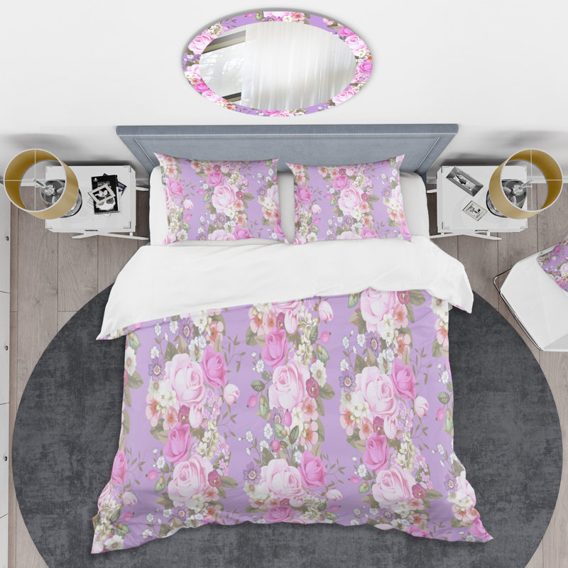 Retro Art Deco - Mid century bedding set - Modern Mid-century Bed cover set, King Duvet Cover + 2 Shams, Purple Floral 263