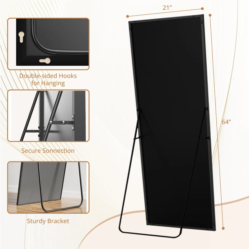Full Length Mirror With Stand, Floor Mirror With Aluminum Alloy, Tempered Glass Full Body Mirror, Free Standing Or Wall-Mounted Or Door Mirror For Living Room