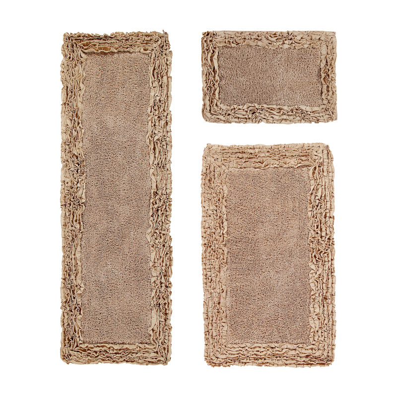 Ensemble de tapis pour salle de bain 100% coton 1775 g / m² 3 pièces Courson, certifié OEKO-TEX®, envers en latex antidérapant, motif de volants touffetés moelleux, super absorbant, tapis de salle de bain lavables à la machine, beige