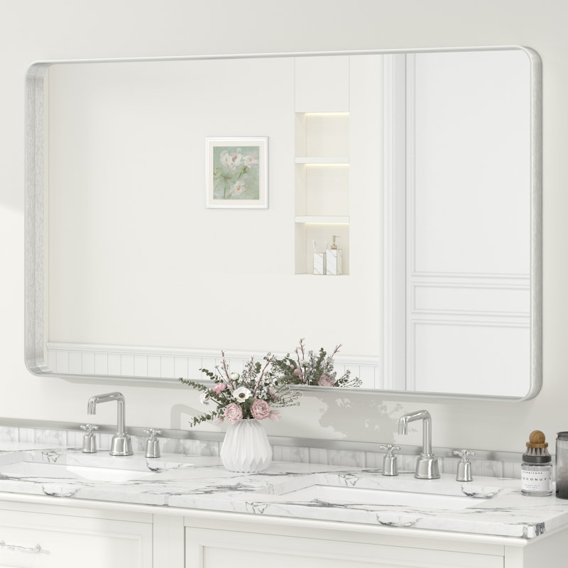 Miroir de salle de bain mural en verre trempé et métal Molly, 51 po x 30 po, Argent argent, Rectangle(Rounded Corner)