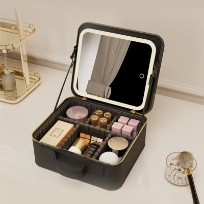 Portable LED Makeup Case with Lighted Mirror 3 Lighting Modes Stepless Dimming Removable Dividers