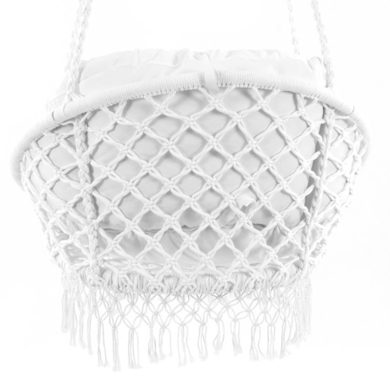 Vivere Deluxe Polyester Macrame Chair with Removable Plush Cushion and Fringe, White
