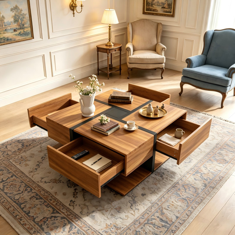 Square Coffee Table With Black Line Trim and 4 Pull Out Storage Drawers, Brown