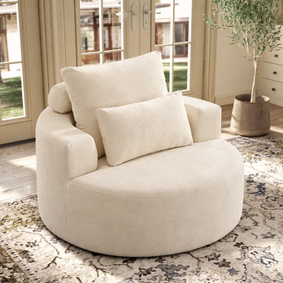 Oversized Barrel Accent Chair, 360° Swivel Round Upholstered Sofa, Chenille High-Resilience Sponge, No Assembly Wide Seat
