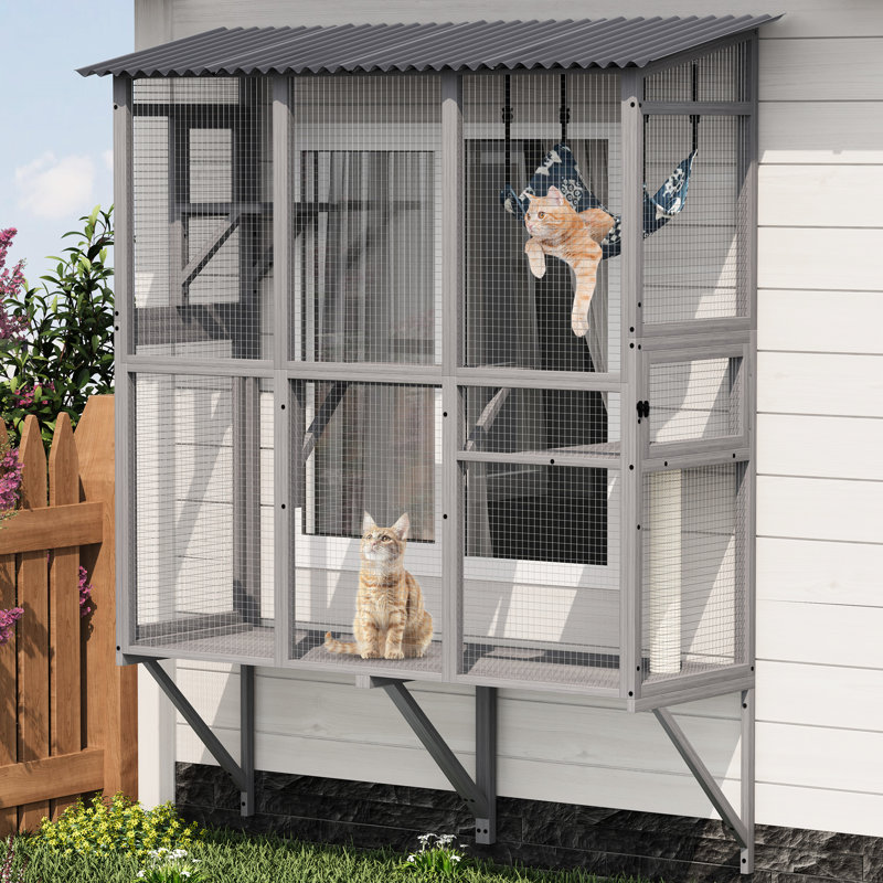 Fenêtre spacieuse à plusieurs niveaux - Tunnel intérieur / extérieur connectable, facile à installer, gris, cage de chat extensible de 61 po de profondeur pour plusieurs chats d'intérieur, espace et utilisation toutes saisons, largeur de 20,5 po