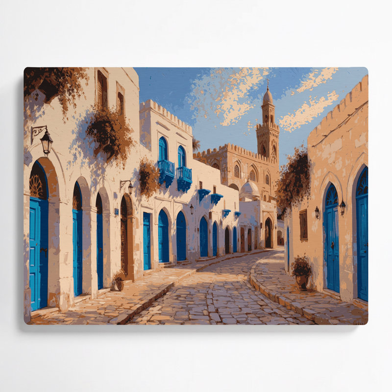 Art mural en métal Beige avec villes tunisiennes, H 20 po x l 24 po