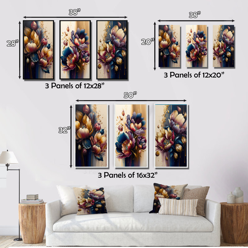 «Night Shade Tulip Design», 3 pièces sur toile, Blanc, H 28 po x l 36 po