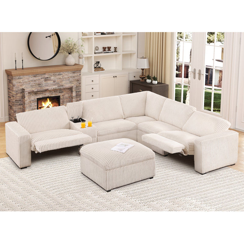 Annistyn 131.9" W 7-Piece Corduroy Power Reclining Sectional with Storage, Alabaster White Corduroy
