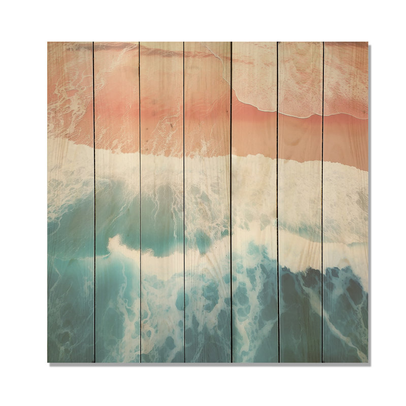 Blue And Pink Beach Aerial View I - Beach On Wood Print, 36" H x 36" W