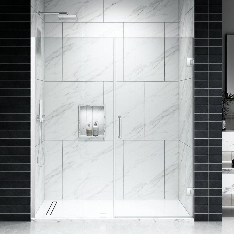 EV Series 52In. - 53In. W X 72In. Frameless Swing Hinge Glass Shower Door | 1 Inches Width Adjustment For Each Size | 3/8 In. Thickness Tempered Clear Glass | Adjustment Uneven Walls