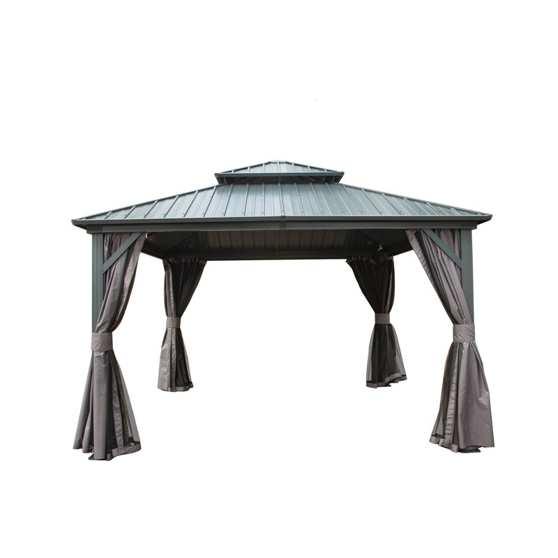 12' X 12' Hardtop Gazebo, Aluminum Metal Gazebo With Galvanized Steel Double Roof Canopy, Curtain And Netting, Permanent Gazebo Pavilion For Patio, Backyard, Deck, Lawn