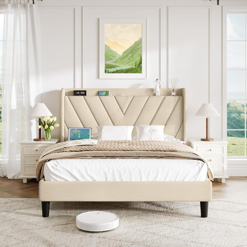 Tufted Velvet Upholstered Bed with Charging Station & Storage Shelf (Beige, Full Size), Full, Beige