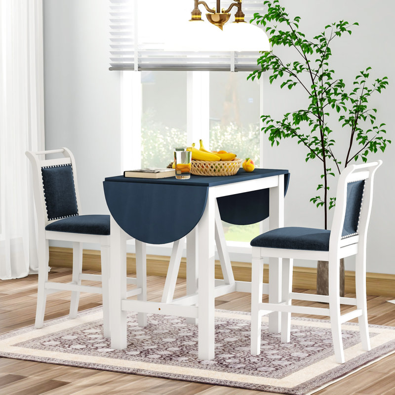 Ensemble de table de salle à manger à hauteur de comptoir en bois 3 pièces avec 2 chaises rembourrées, Bleu antique / blanc