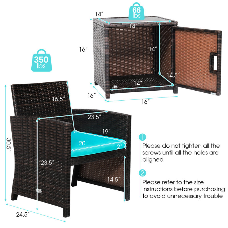 Ele 2 - Person Patio Conversation Set with Cushions, Turquoise