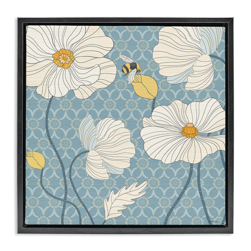 "Wild Poppies & Bee", art mural sur toile flottante par Levison Design, Cadre flottant noir de jais, H 18 po x l 18 po