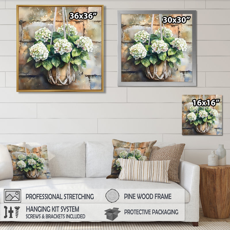 Hydrangeas In A Macrame I - Hydrangea Wall Art, Single Picture Framed Print, Black, 16" H x 16" W
