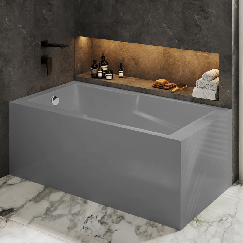 Baignoire d'angle Voltaire 60 x 32 avec tablier et bonde à gauche, gris mat, Gris mat, Gauche
