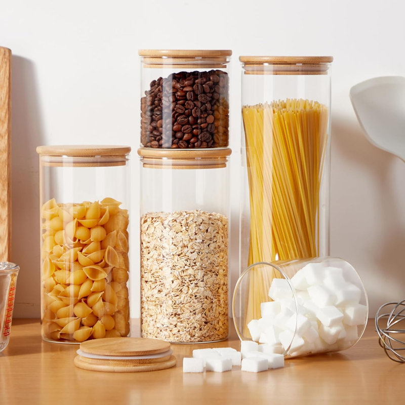 Ensemble de 6 pots de rangement en verre borosilicaté avec couvercles en bambou hermétiques et garde-manger empilables
