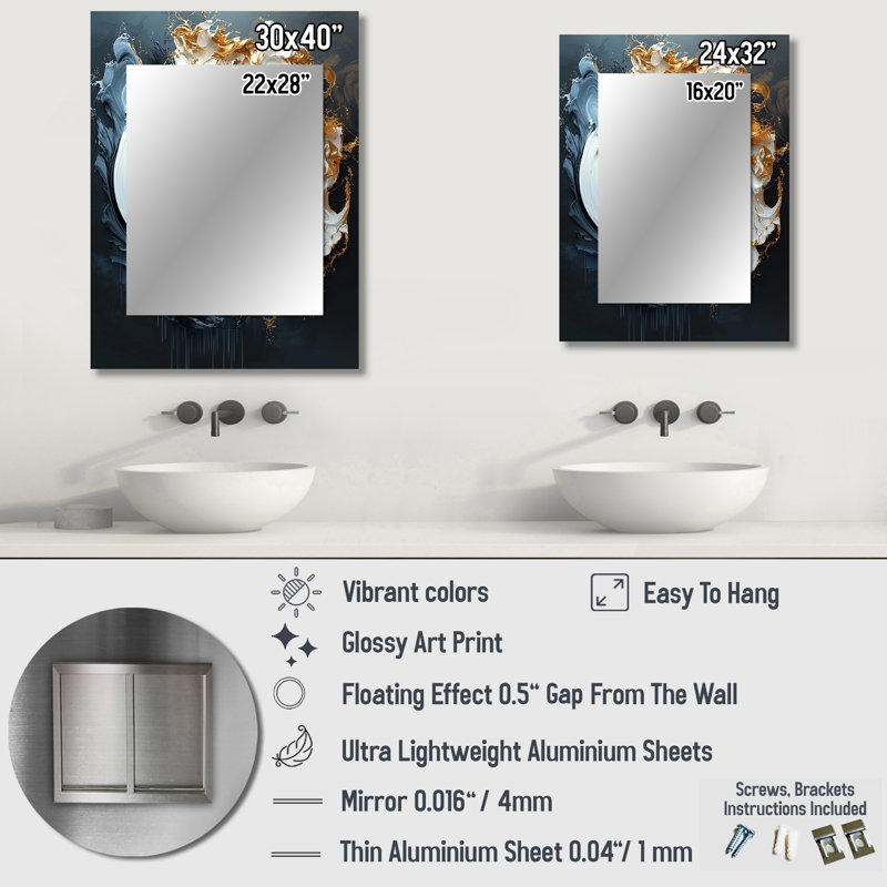 «Black Gold Abstract Shapes And Lines I», miroir mural décoratif de formes abstraites, grand miroir moderne, art imprimé en métal