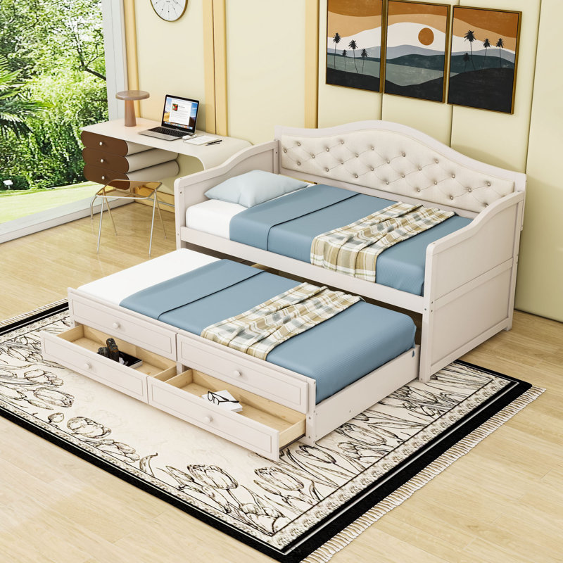 Twin Wood Daybed with Twin Trundle and 2 Storage Drawers, Beige
