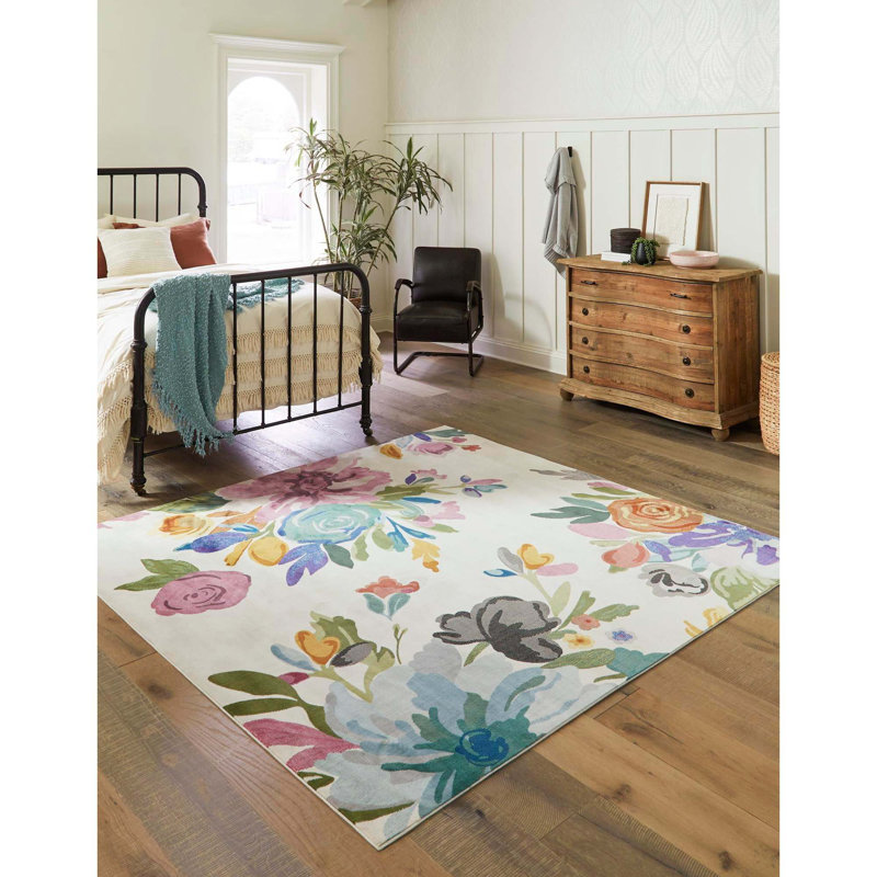Tapis à motif floral vert / mauve / bleu / ivoire / gris / orange Aludra, Carré 7 pi 10 po