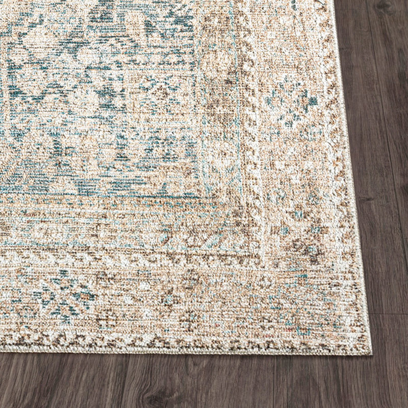 Beige Traditional Rug, Bordered Floral Anti Slip Easy to Clean Rug For Living Room, Dining Room, Bedroom