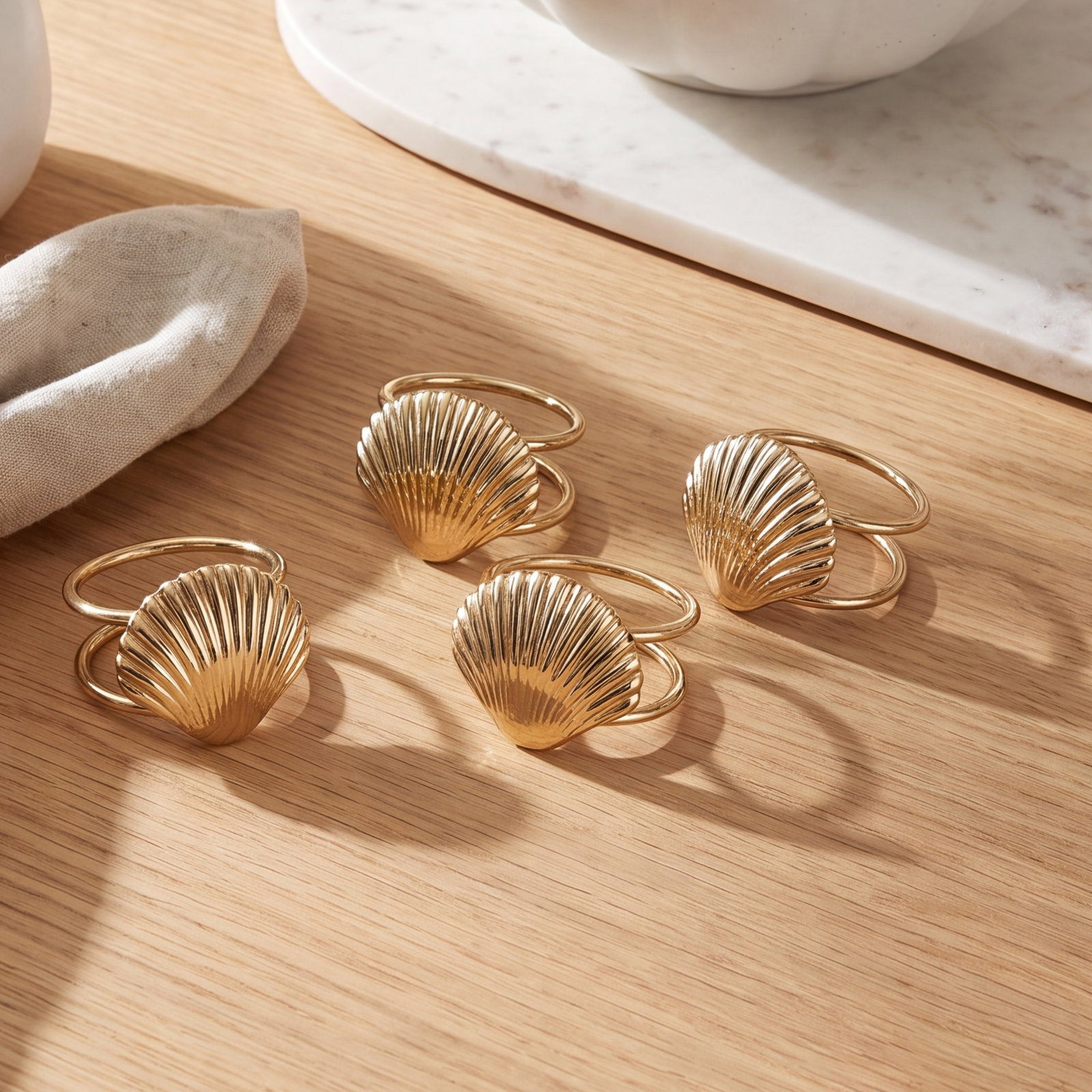 Cap Ferrat Fan Shell Brass Napkin Rings, Gold