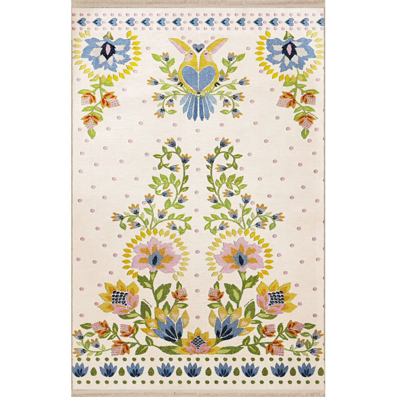 Tapis décoratif lavable à la machine à motif floral traditionnel beige multicolore, Rectangle 2 pi 6 po x 4 pi 11 po