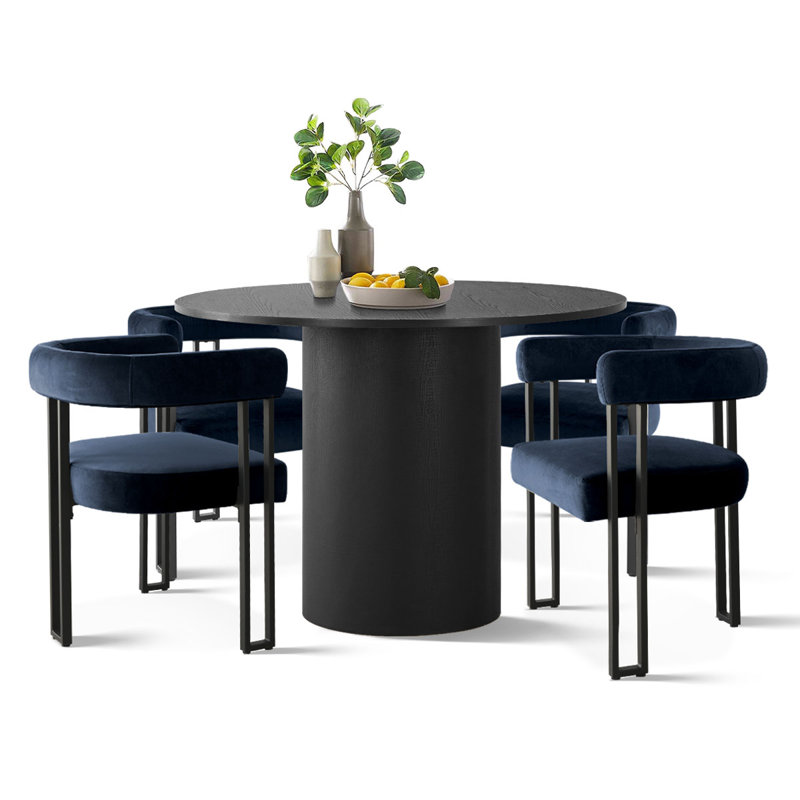 5-Piece Round Dining Set with Velvet Chairs, Blue