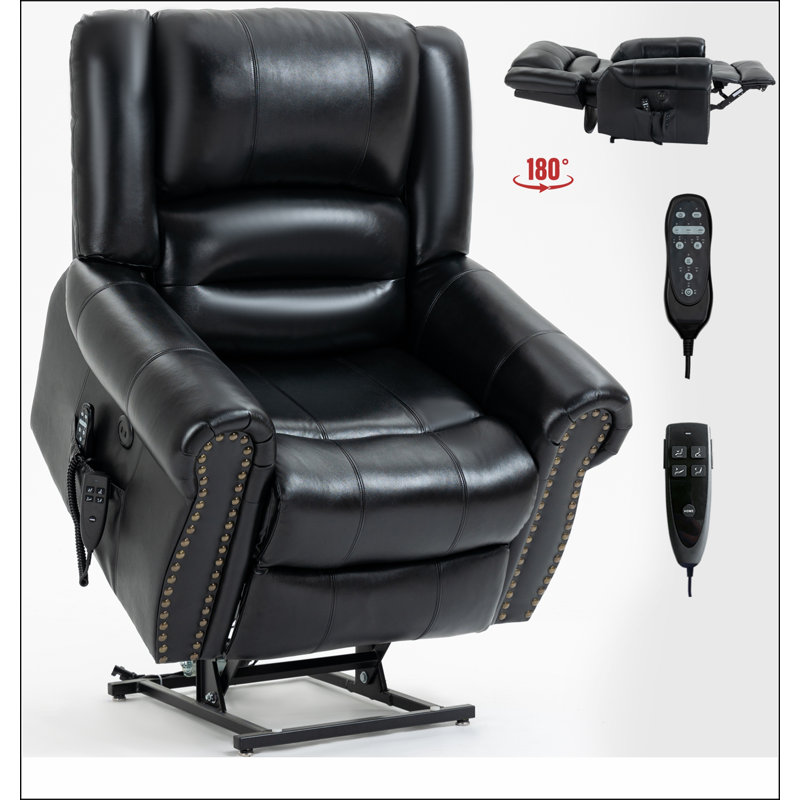 Power Lift Recliner Chair Heat Massage Dual Motor Infinite Position Up to 350 LBS,Genuine Leather, Black