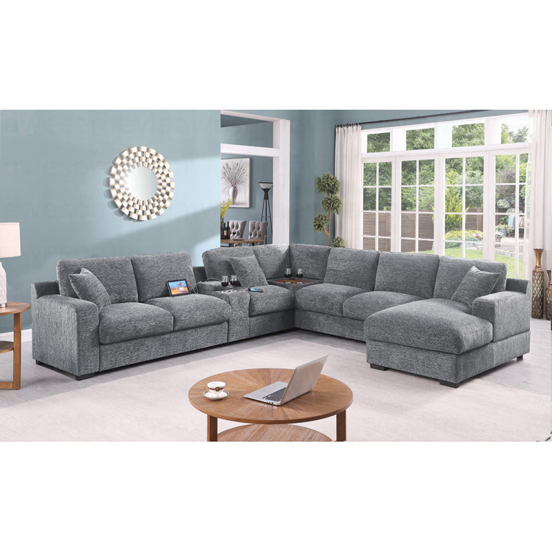 Canapé modulaire moderne en chenille gris clair de l 141,5 po avec méridienne, porte-gobelets et ports de recharge