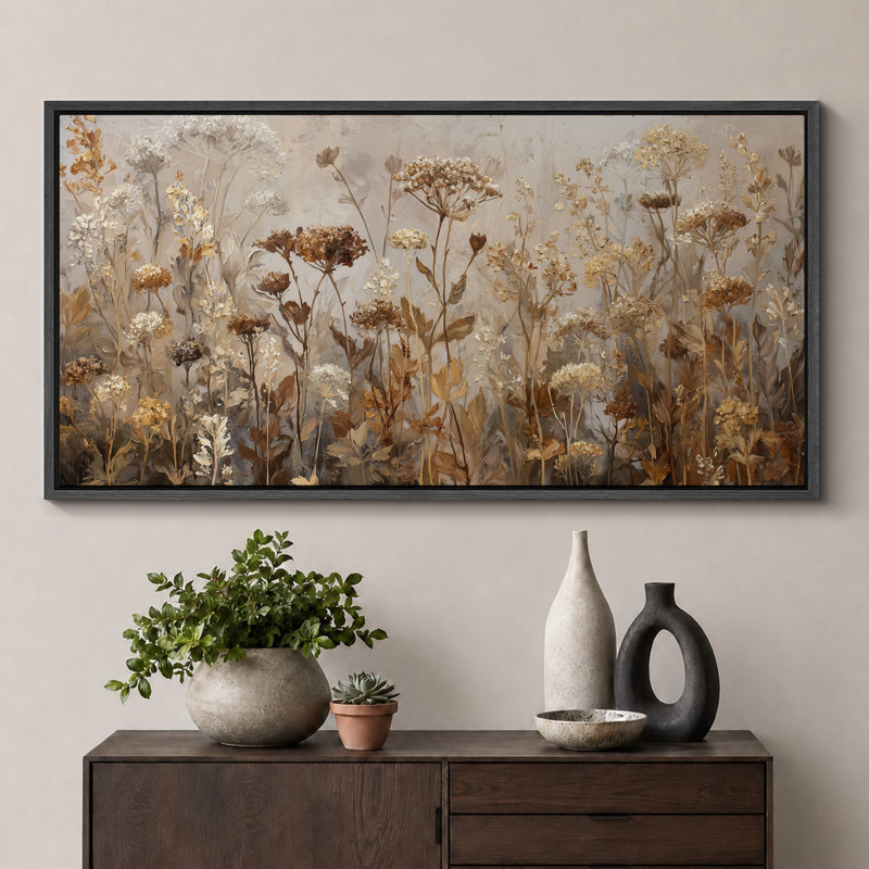 «Neutral Toned Dried Wildflowers Field», reproduction d'art sur toile encadrée, H 30 po x l 60 po x P 1,5 po