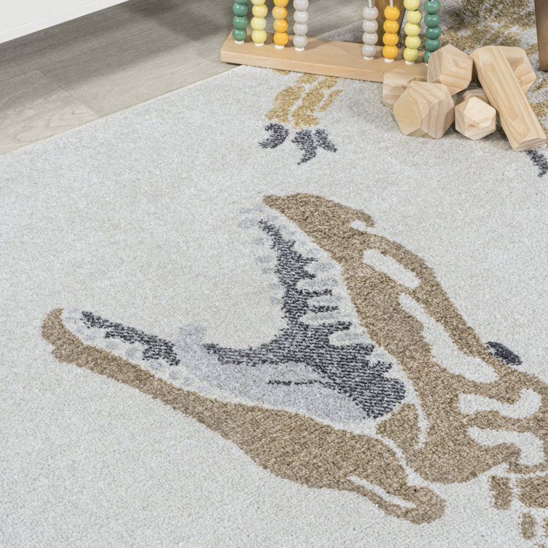 Tapis crème / multicolore pour enfants Kingdarr T-Rex, Rectangle 2 pi 11 po x 4 pi 11 po, Cream/Multi