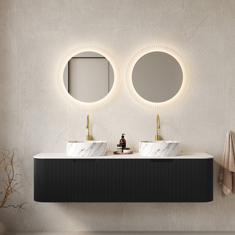 Meuble-lavabo mural 60 po avec lavabos en céramique et armoire de rangement